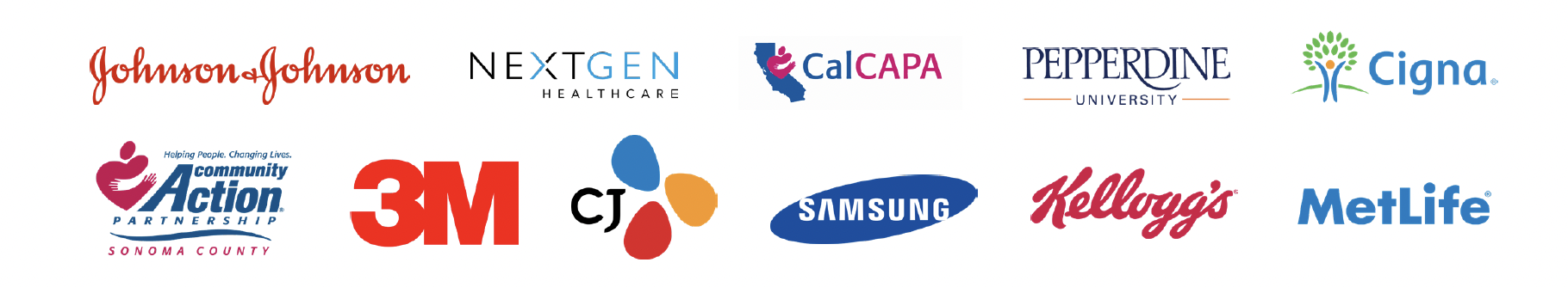 Client logos including Johnson and Johnson, NextGen Healthcare, CalCAPA, Pepperdine University, Cigna, Community Action Partnership Sonoma County, 3M, CJ, Samsung, Kellogg's, and MetLife